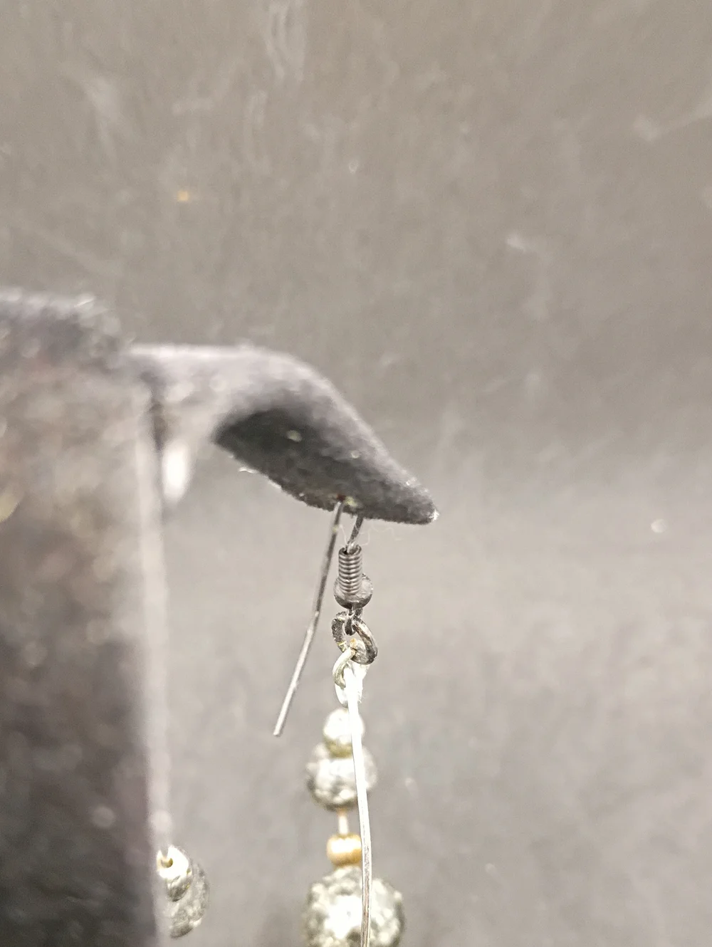 Silver Hoop Drop Earrings with Gray Crackle Beads